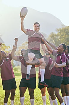 Group portrait, sports team and rugby celebration, collaboration and teamwork victory, challenge goals or achievement