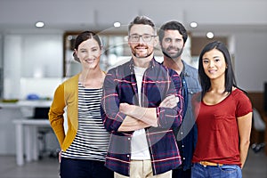 Group, portrait and startup for smile, creatives and team for collaboration and small business. Web designers, office photo