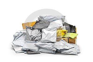 A Group of Postal Pack; plastic bag, paper envelope, brown paper box in studio light on the white background. Clipping Paths