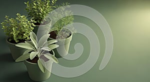 Group of Potted Herbs and Plants on a Green Surface