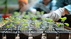 A group of potted plants are being tended to by two people wearing gloves