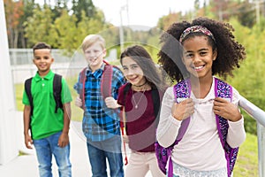 Group pre-teen School Pupils Outside of the Classroom