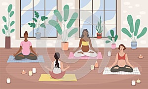 Group pregnancy yoga. Future moms team relax in lotus pose, female meditation, relaxed women characters, spirit balance and peace