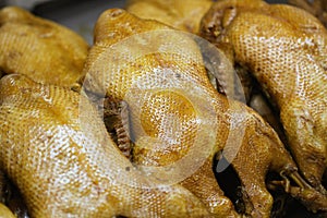 Group of preparing chinese style full body Roasted Duck and topping, yummy delicious good looking recipe in restaurant