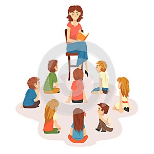 Group of Preschool Kids Sitting on Floor,Teacher Sitting on Chair and Reading Book to Children Vector Illustration