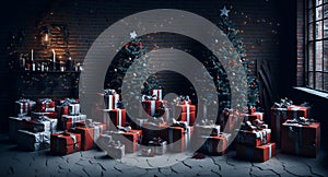 A group of presents sitting in front of a christmas tree created with Generative AI technology