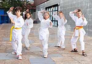 Group of preteen children learning karate movements in schoolyard