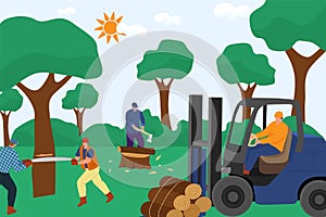 Group of professional lumberjack worker character work together timber harvest, hard work sawn wood flat vector