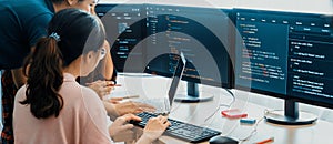 Group of professional web developer discuss about data analysis. Burgeoning.