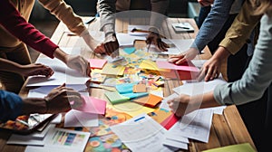 Group of professionals collaborating over a table filled with various papers, post-it notes. AI generated