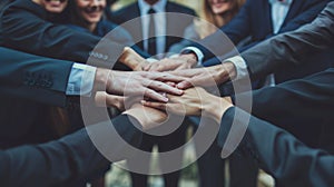 a group of professionals placing their hands together in a unified stack, symbolizing teamwork and collective motivation