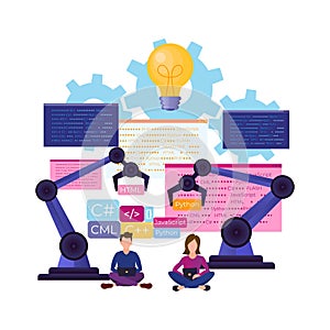 Group of programmers is working on the code. Programming concept. Testing and writing a computer program, website