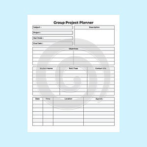 Group project journal KDP interior. School study project tracker and student's information notebook template