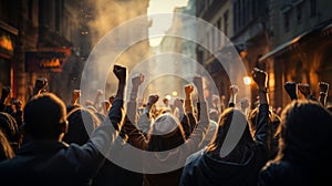 Group of protesters with their fists raised up in the air. Activists protesting on the street. People publicly demonstrating