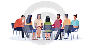 Group psychotherapy. Persons sitting in circle and talking. People meeting. Psychotherapy training, business lecture or conference