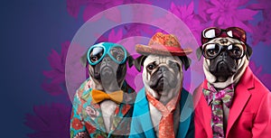 Group of pug dog puppy in funky Wacky wild mismatch colourful outfits isolated on bright background advertisement