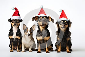 Group of pugs wearing christmas hats isolated on white background, A group of dogs, adorned with Christmas hats, stands against an