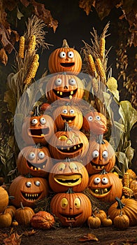 Group of Pumpkins with Happy Faces photo