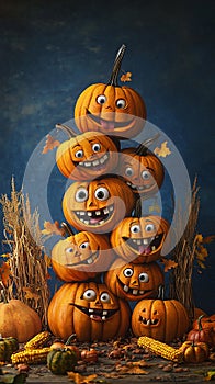 Group of Pumpkins with Happy Faces