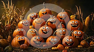 Group of Pumpkins with Happy Faces photo