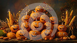 Group of Pumpkins with Happy Faces photo