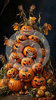 Group of Pumpkins with Happy Faces photo
