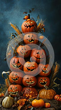 Group of Pumpkins with Happy Faces photo