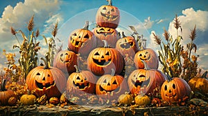 Group of Pumpkins with Happy Faces photo