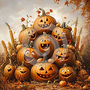 Group of Pumpkins with Happy Faces photo