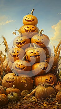 Group of Pumpkins with Happy Faces photo