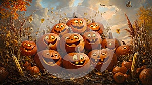 Group of Pumpkins with Happy Faces photo