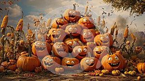 Group of Pumpkins with Happy Faces photo