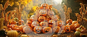 Group of Pumpkins with Happy Faces photo
