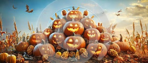 Group of Pumpkins with Happy Faces photo