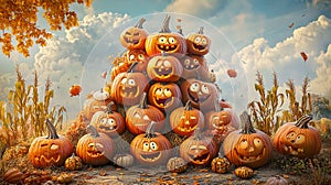 Group of Pumpkins with Happy Faces photo