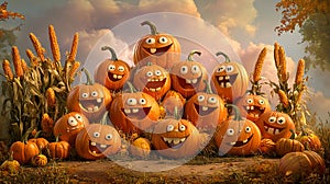 Group of Pumpkins with Happy Faces photo