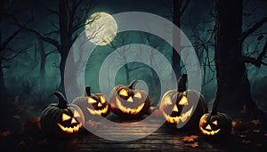 group of pumpkins are lined up on a wooden platform in front of a full moon