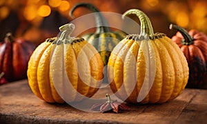 Group of pumpkins, a type of winter squash, sitting on a wooden table