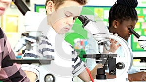 Group Of Pupils Using Microscopes In Science Class