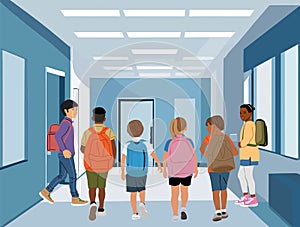 Group Of Pupils Walking In School Hallway vector.