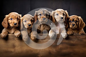 Group of puppies of golden retriever on wooden background. Studio shot, Group portrait of adorable puppies, AI Generated