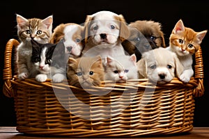 A group of puppies and kittens in a basket