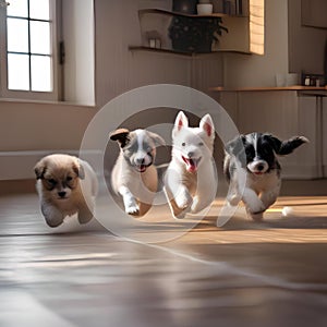 A group of puppies playing with a soccer ball, running around in circles2