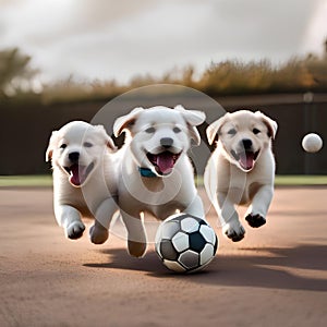 A group of puppies playing with a soccer ball, running around in circles3