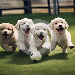 A group of puppies playing with a soccer ball, running around in circles4