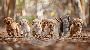 Group of Puppies Running Around a Tree