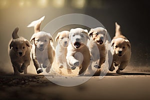 group of puppies, running and chasing each other in playful game