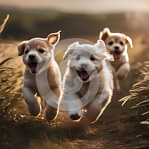 A group of puppies running through a field, chasing each other2