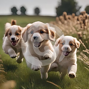 A group of puppies running through a field, chasing each other3