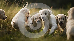 a group of puppies running in a field of grass with their mouths open and their heads down, with one puppies running in front of